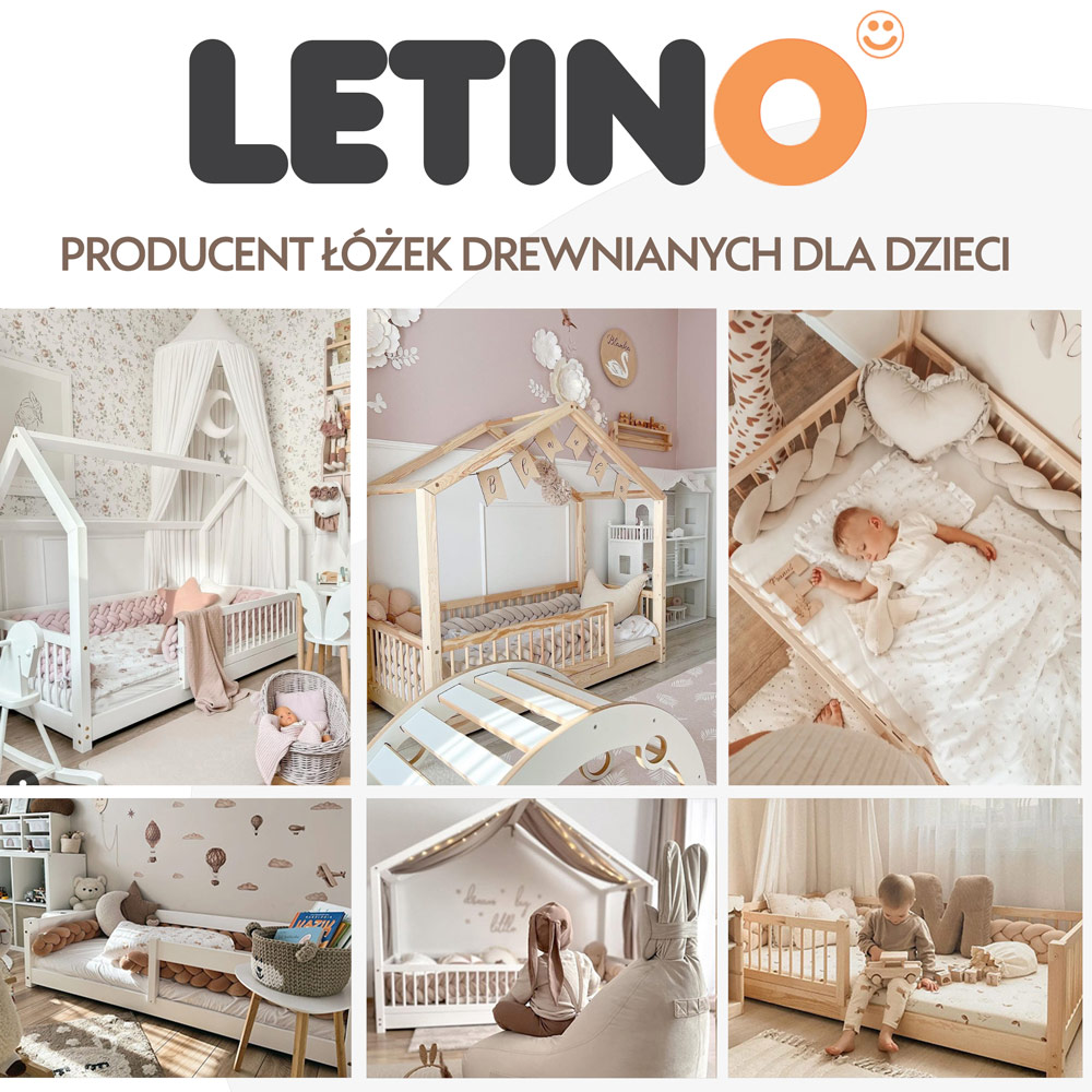 Drewniane łóżko domek dla dziecka w stylu skandynawskim , naturalne drewno oraz białe.
