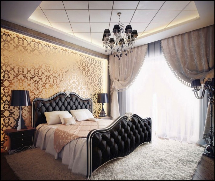 ekskluzywna sypialnia z podświetlanym sufitem