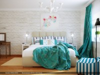 jasna sypialnia z turkusowym akcentem ciekawa ściana