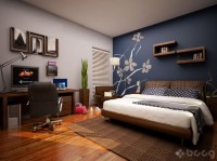 sypialnia z miejscem do pracy niebieska dekoracyjna ściana