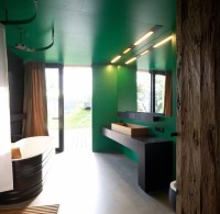 zielona łazienka z wyjściem na taras