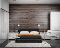 męska sypialnia, drewniana ściana