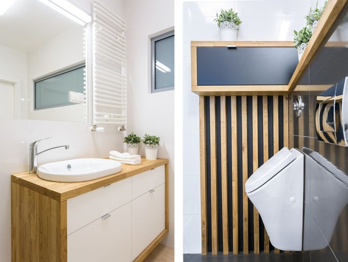 Piękna nowoczesna łazienka z dodatkiem drewna.