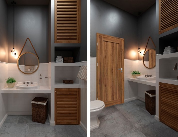 Piękna nowoczesna łazienka z dodatkiem drewna.