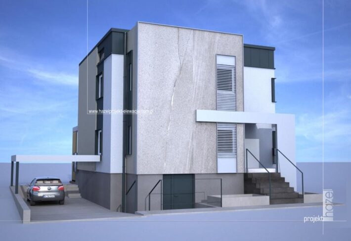 Projekt elewacji domu typu kostka – przebudowa i modernizacja – nowoczesna stylistyka